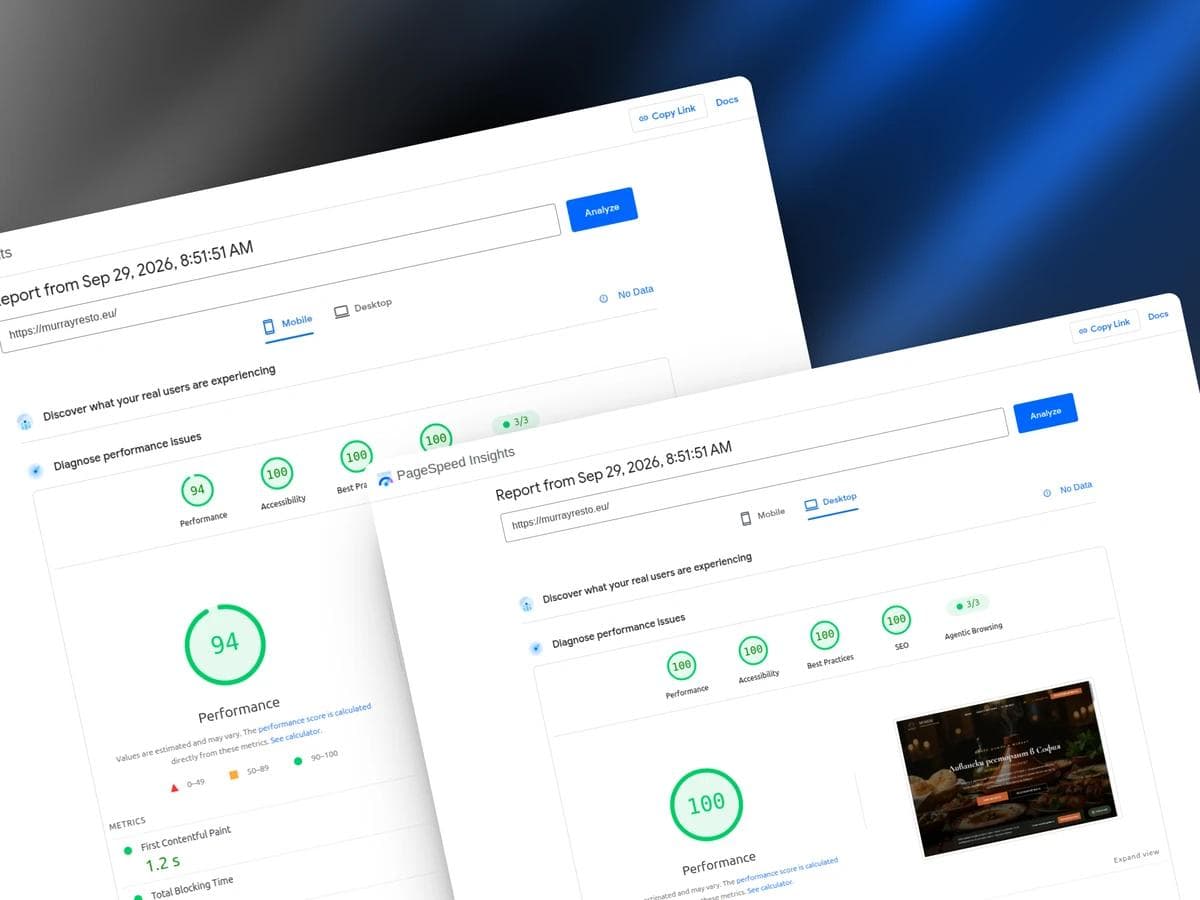 PageSpeed Insights резултати за Murray Restaurant след миграцията към Next.js: 94 Performance на mobile и 100 на desktop