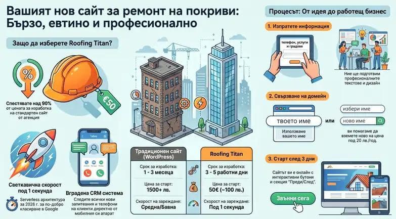 Инфографика за готов уебсайт за ремонт на покриви Roofing Titan – сравнение с WordPress, цена от 50 евро и процес на изработка за 3 дни.