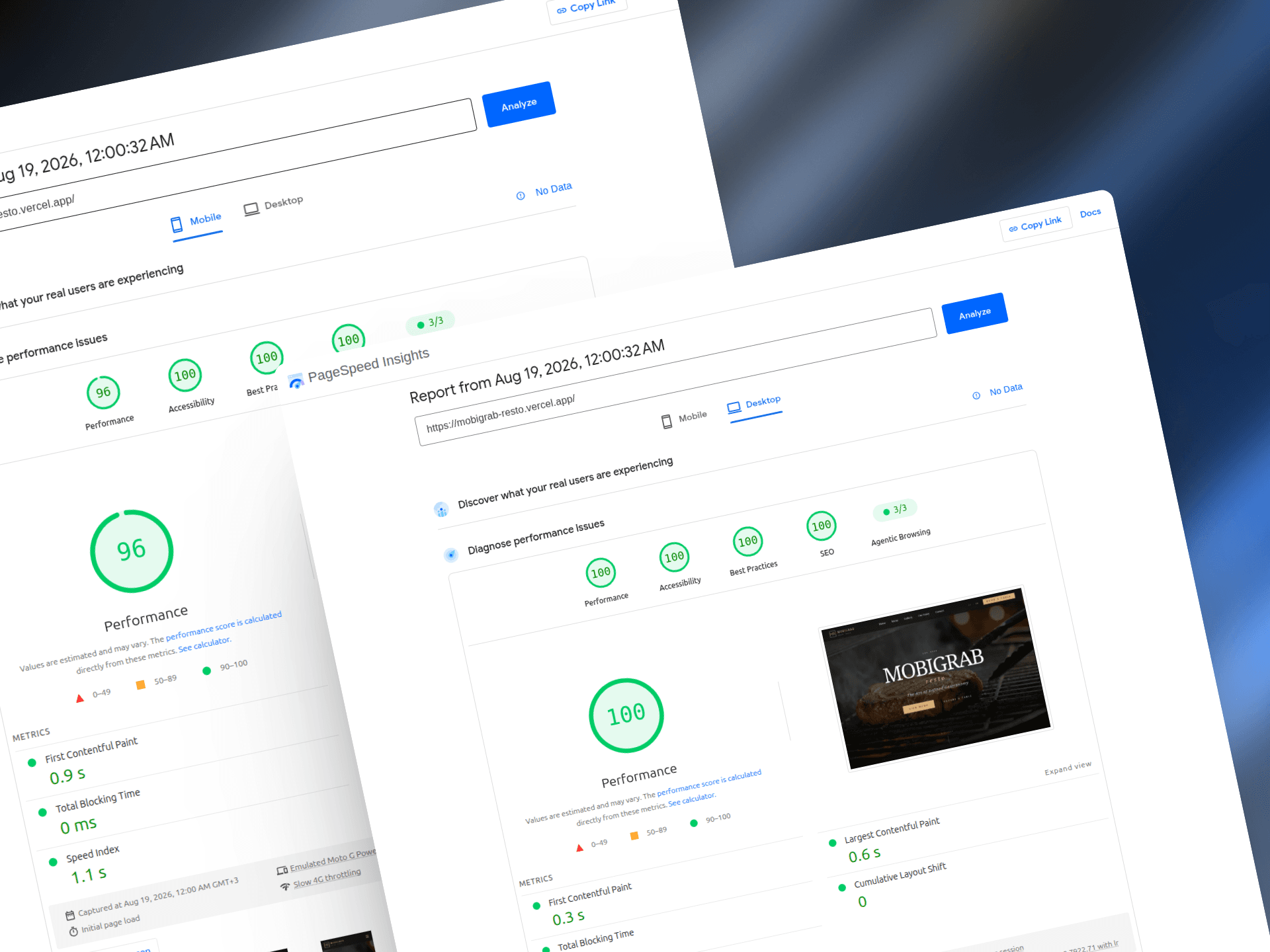 PageSpeed Insights резултати за Mobigrab Resto на мобилно и desktop устройство