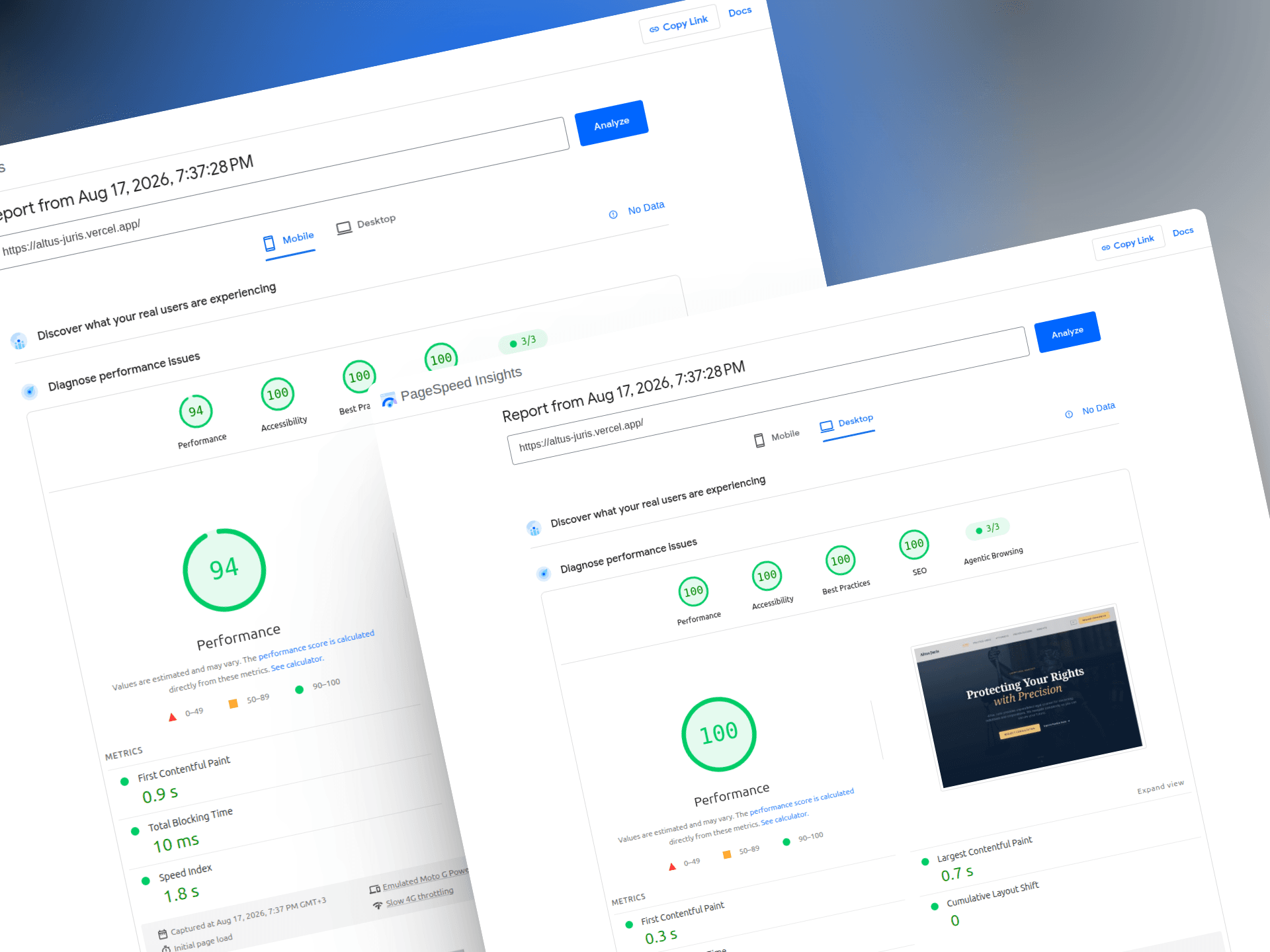 Google PageSpeed Insights резултати за Altus Juris
