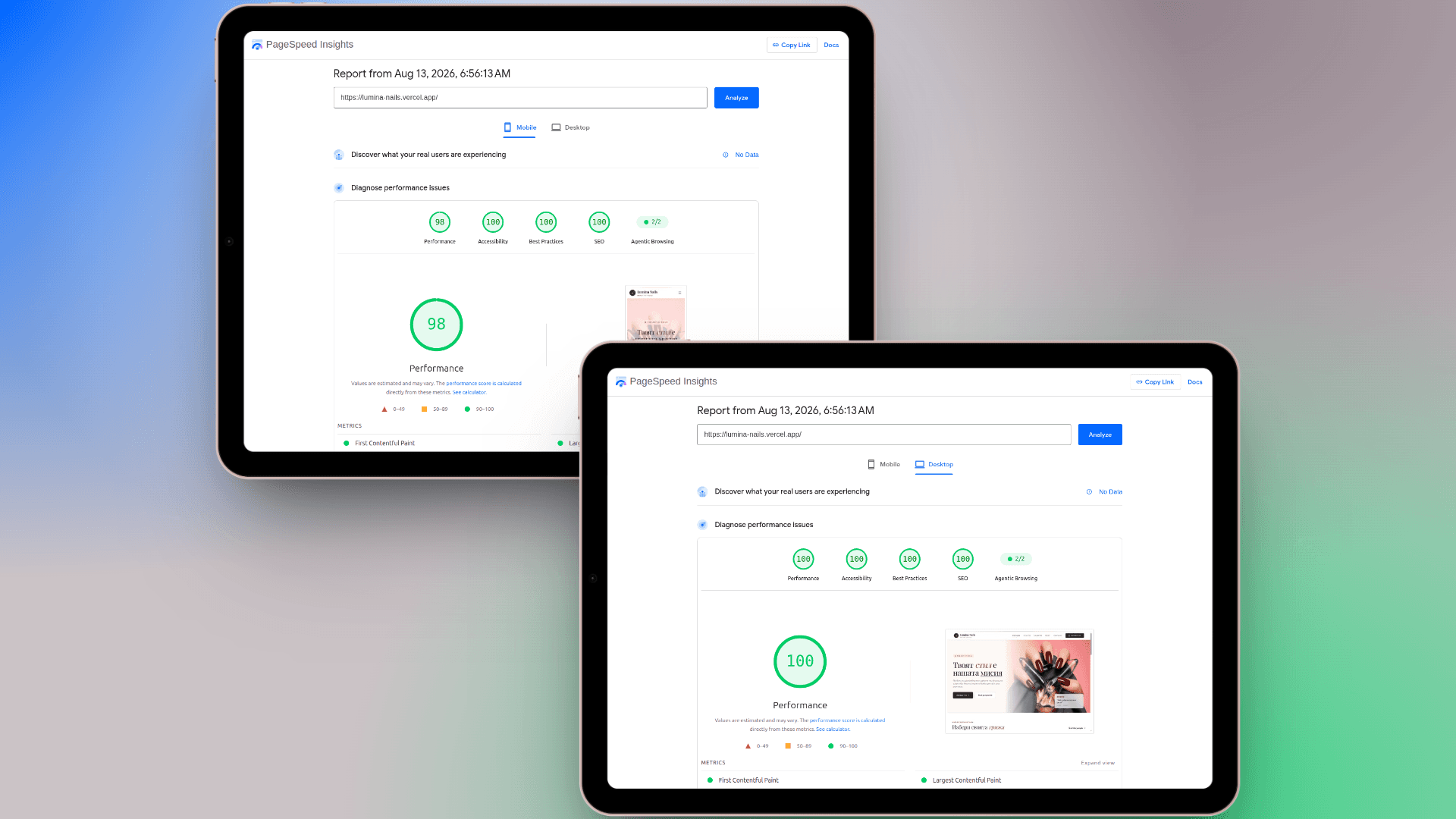 PageSpeed Insights резултати за Lumina Nails с 98 точки mobile performance и 100 точки desktop, accessibility, best practices и SEO