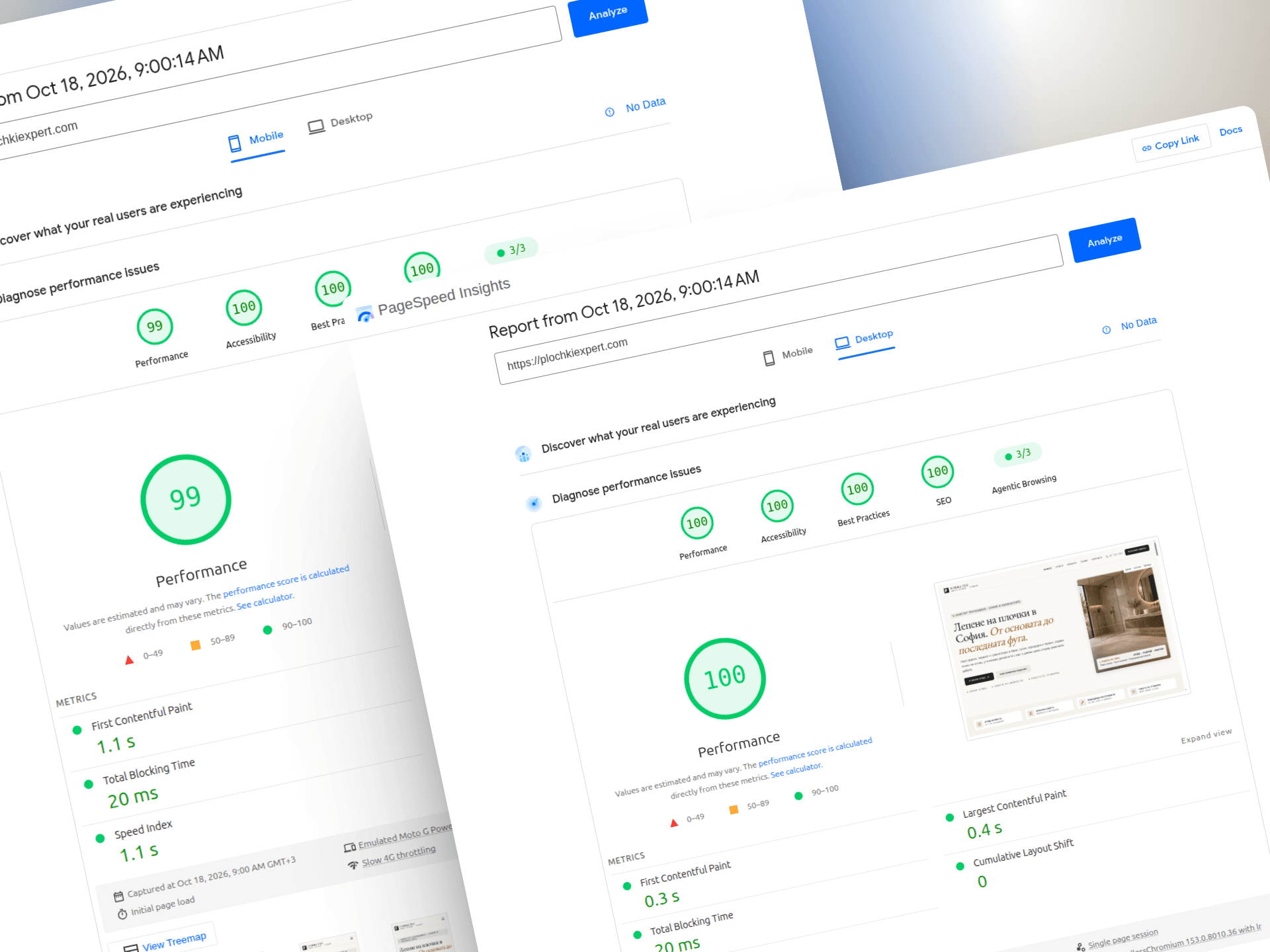 PageSpeed Insights резултати за PlochkExpert: 99 точки на мобилни устройства и 100 на desktop