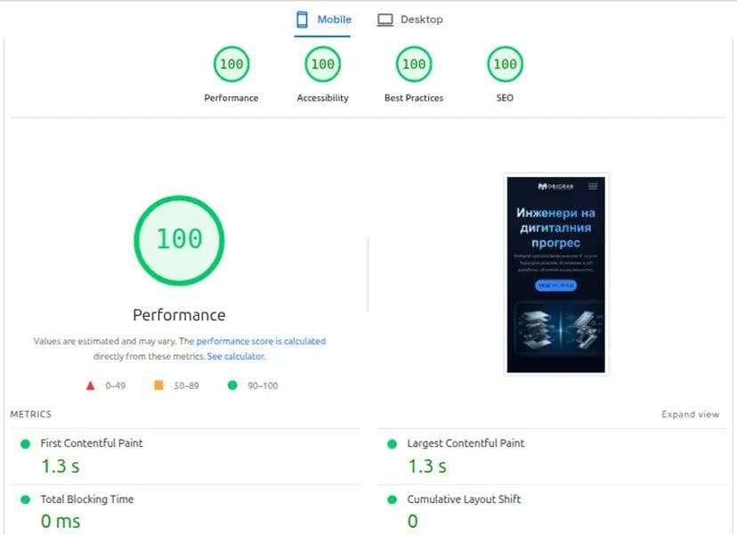 PageSpeed Insights резултат на WordPress версията на mobigrab.eu
