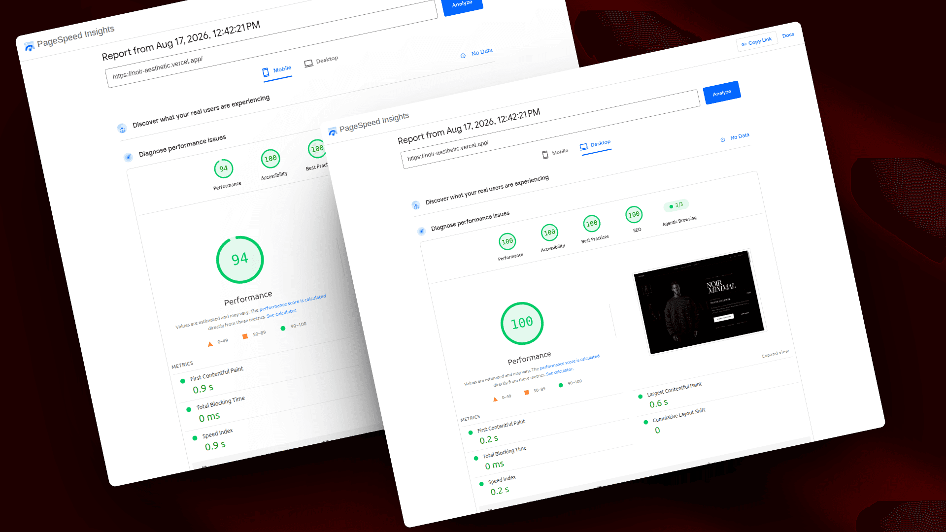 Google PageSpeed Insights резултати за онлайн магазин Noir с 94 точки Mobile Performance и 100 точки Desktop Performance