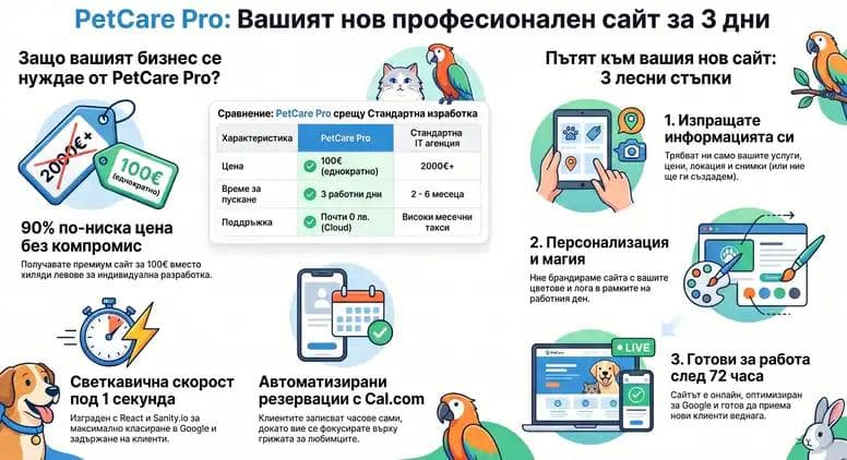 Инфографика за готов уебсайт за груминг, цена от 100 евро и процес на изработка до 5 дни.