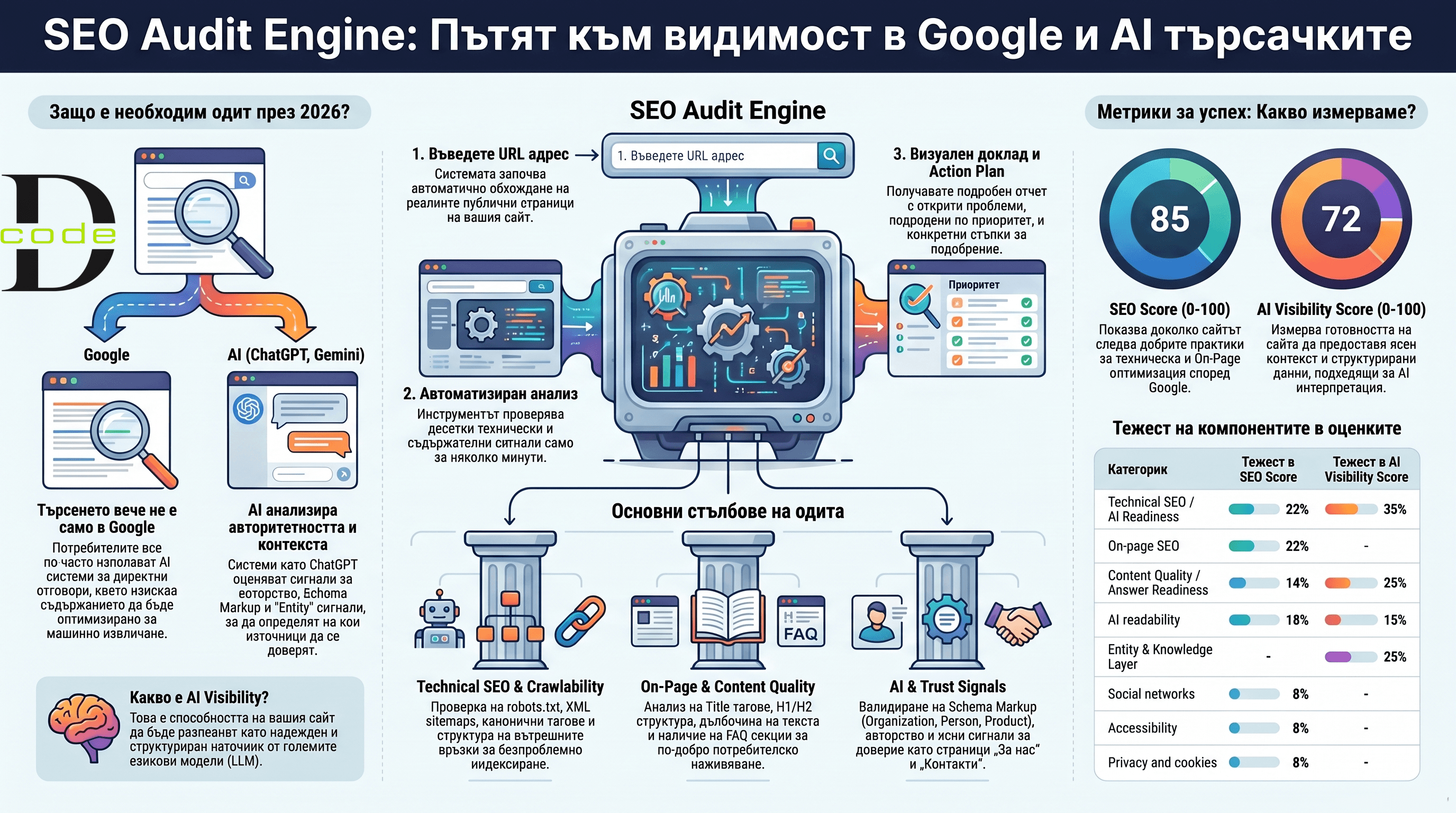 Инфографика за SEO Audit Engine от DIMITROV.code - процес на автоматизиран одит, основни стълбове за оптимизация и изчисляване на SEO Score и AI Visibility Score за Google, ChatGPT и Gemini.