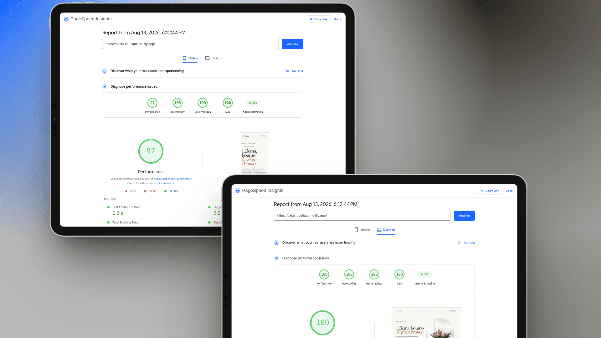 Google PageSpeed Insights резултати за Oasis с 97 точки mobile performance и 100 точки desktop performance, accessibility, best practices и SEO