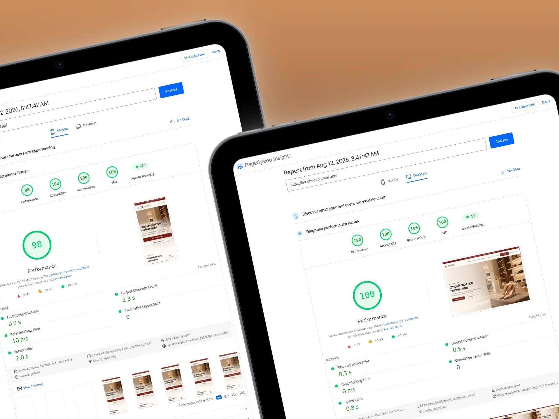Google PageSpeed Insights резултати за EV Shoes
