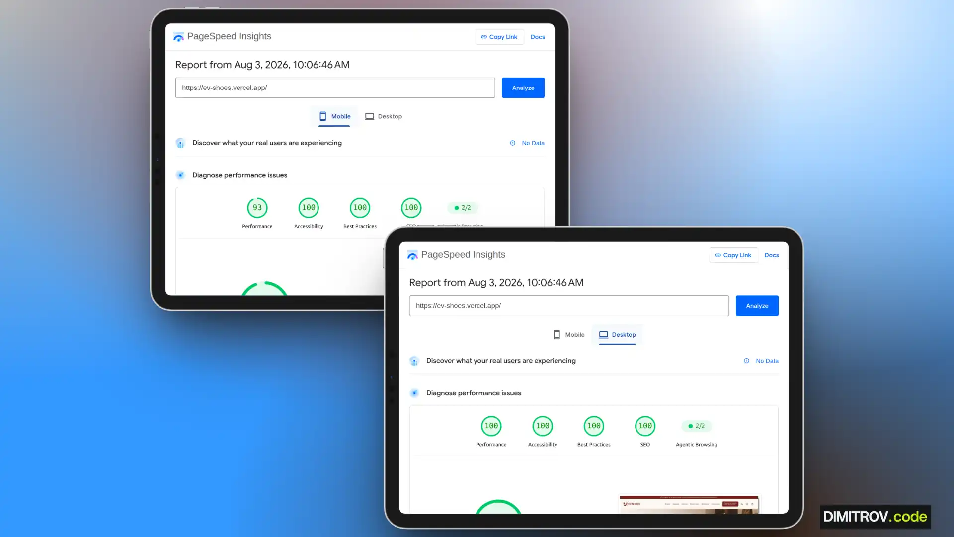 PageSpeed Insights резултати за EV Shoes: 93 mobile, 100 desktop и 100 SEO
